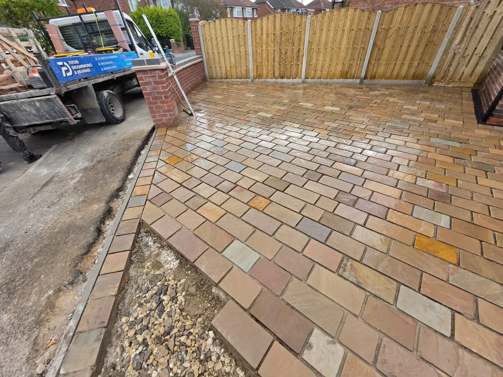 Natural stone block paved driveway under construction with edging and groundwork by Future Drainage and Groundwork LTD