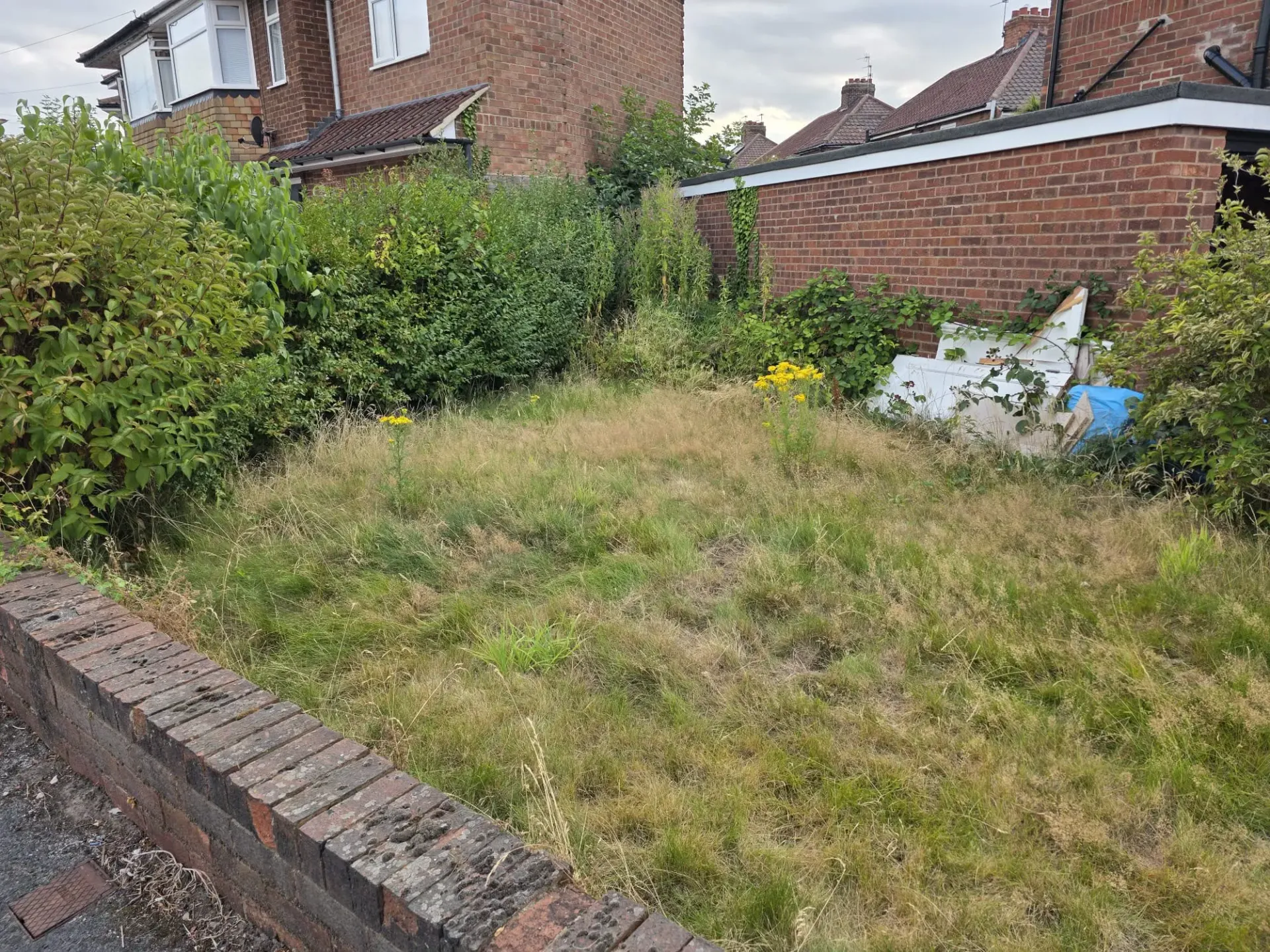 Overgrown residential garden and lawn area prior to groundwork excavation and driveway installation in York