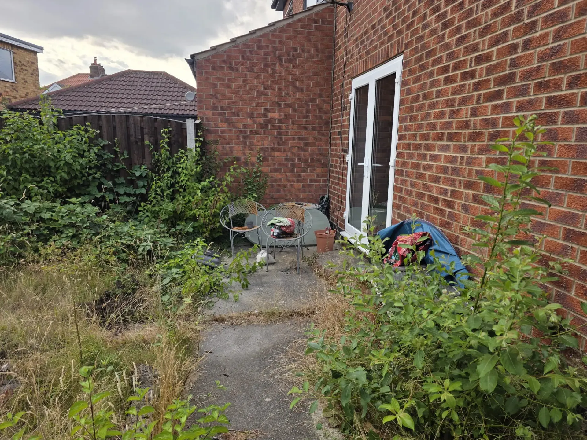 Overgrown back garden and cracked concrete patio slabs before groundwork and paving installation in York